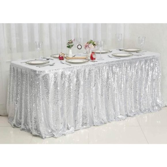 Silver Sequin Table Skirt 6 feet x 30 inch Drop Wedding Dining Tablecloth Decor - Picture 2 of 3
